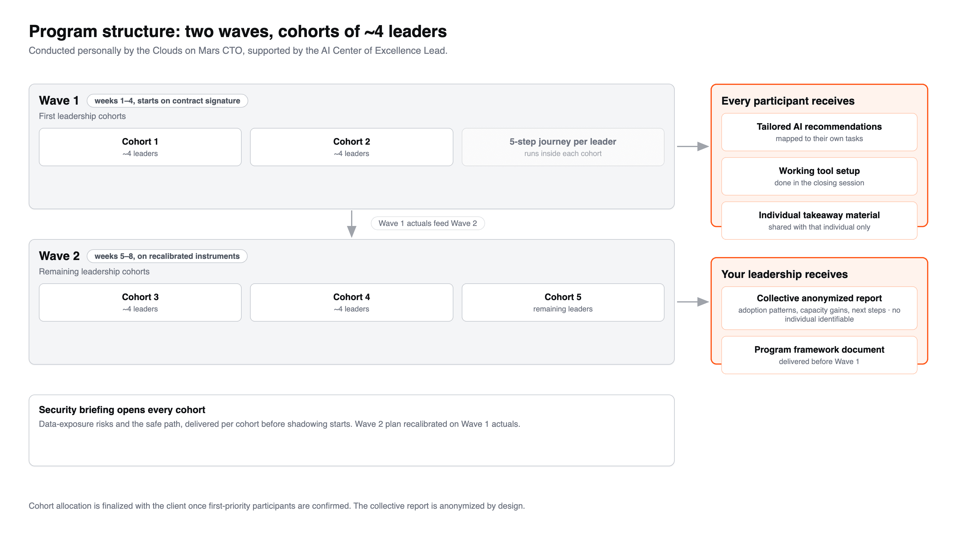 Program structure: two waves of cohorts, individual outputs per participant and an anonymized collective report for leadership